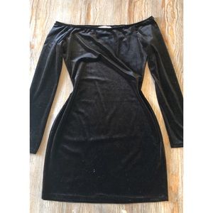 Off-the-shoulder black velvet mini dress